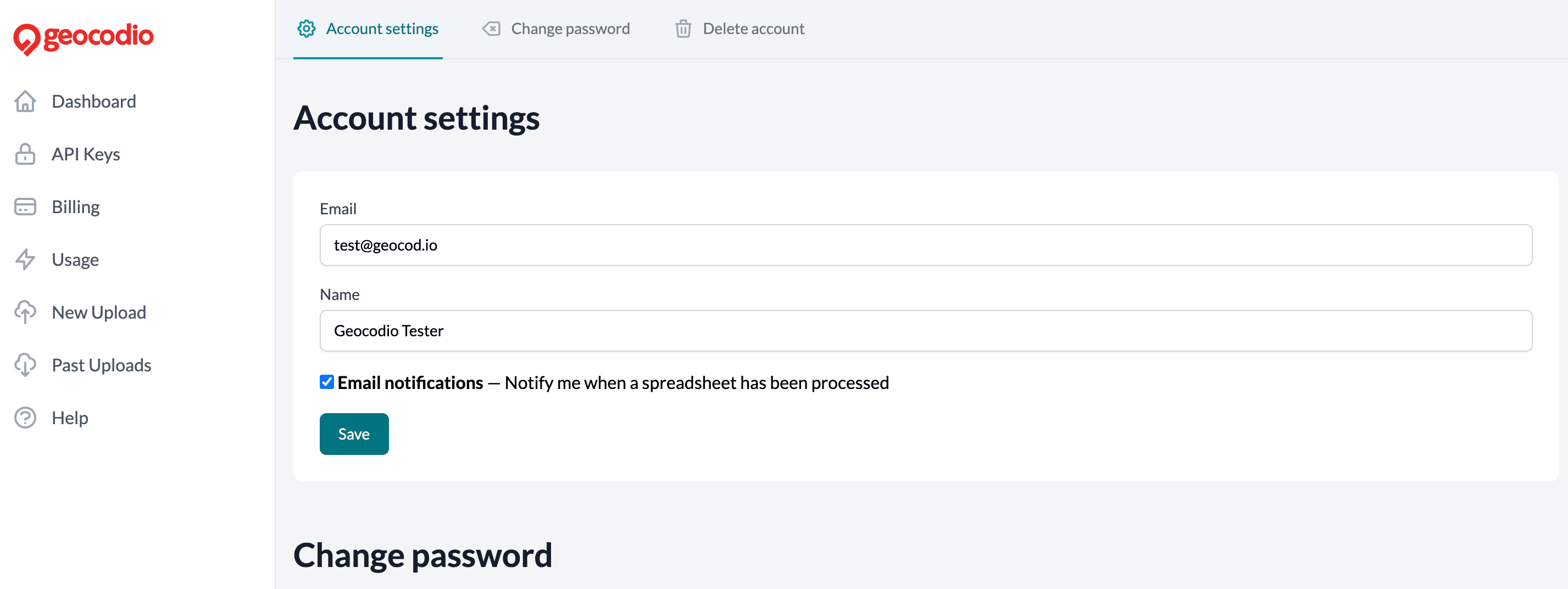 Screenshot of the Geocodio account management page